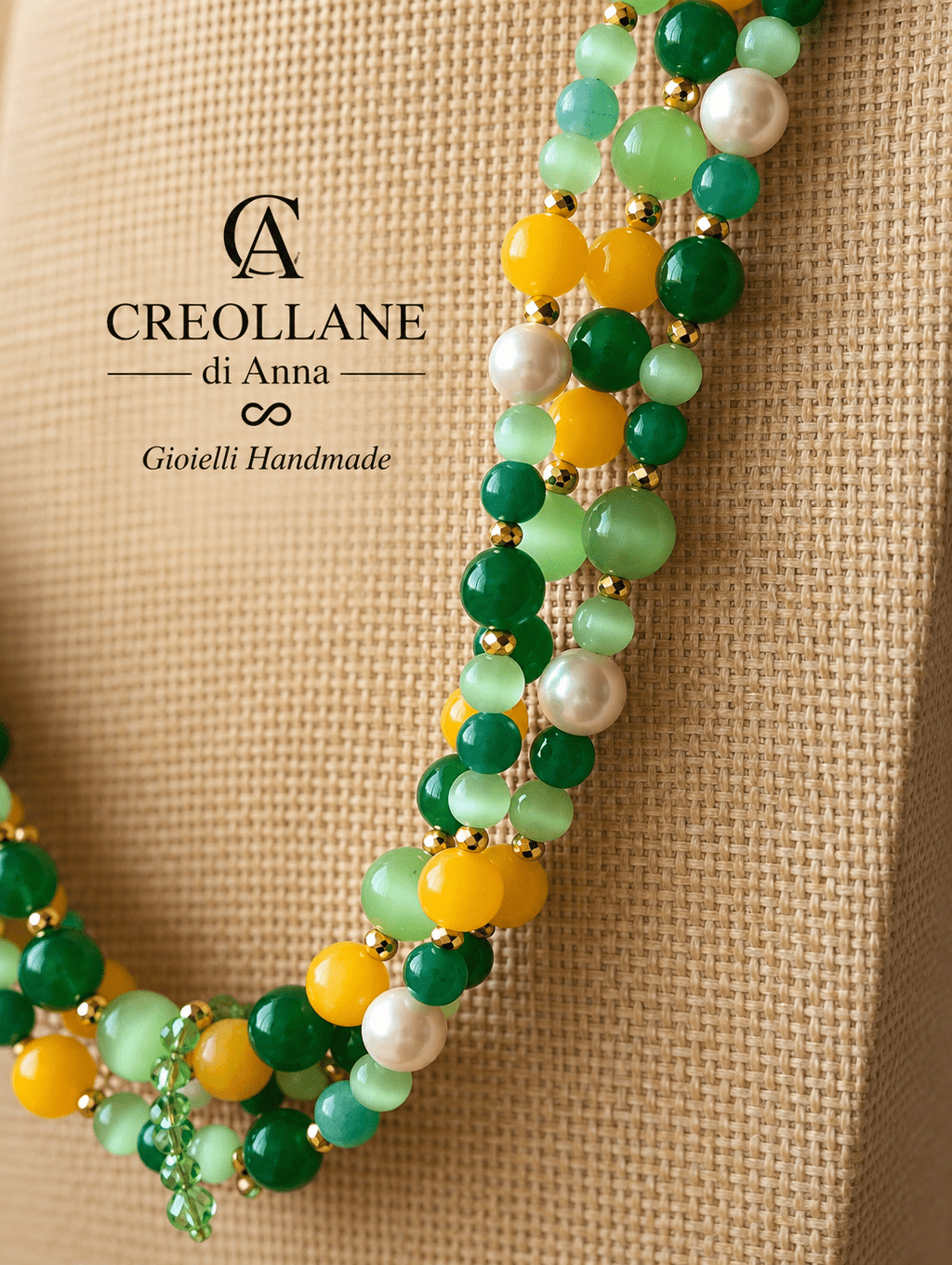 Collana Collana Multifilo Occhio di Gatto Verde, Agata e Cameo Floreale | Made in Italy - Handmade Made in Italy