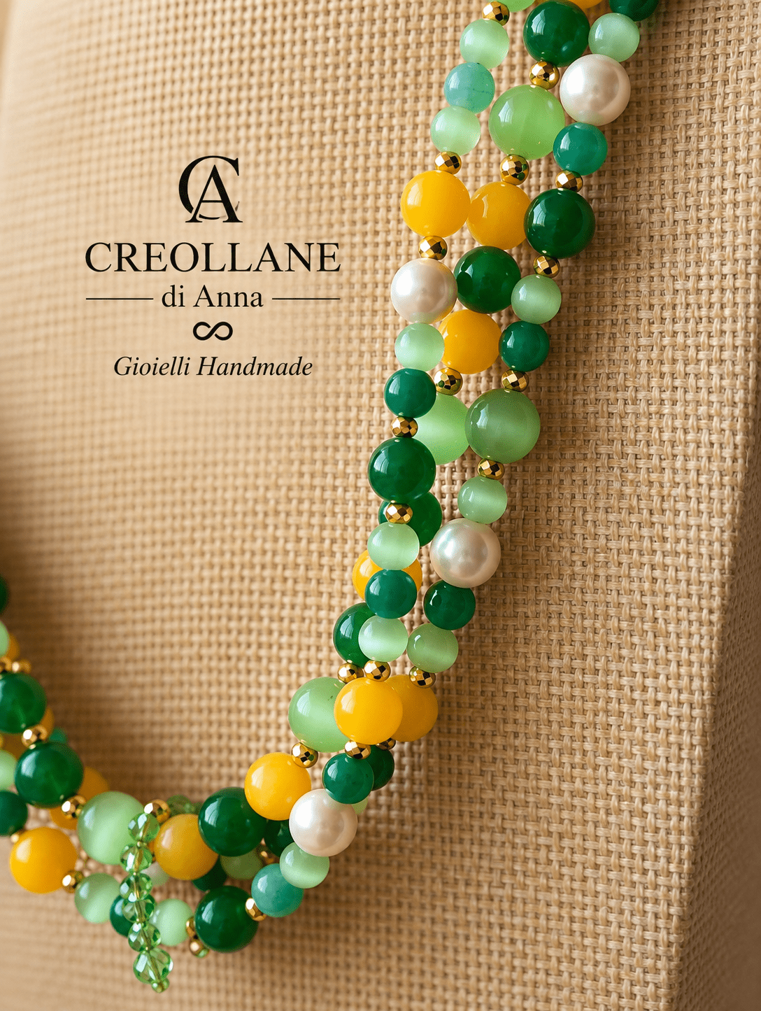 Collana Collana Multifilo Occhio di Gatto Verde, Agata e Cameo Floreale | Made in Italy - Handmade Made in Italy