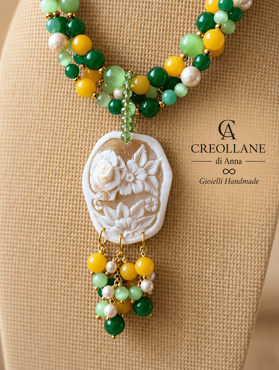 Collana Collana Multifilo Occhio di Gatto Verde, Agata e Cameo Floreale | Made in Italy - Handmade Made in Italy