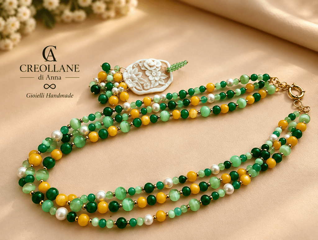 Collana Collana Multifilo Occhio di Gatto Verde, Agata e Cameo Floreale | Made in Italy - Handmade Made in Italy