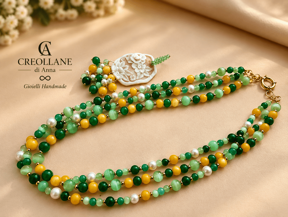 Collana Collana Multifilo Occhio di Gatto Verde, Agata e Cameo Floreale | Made in Italy - Handmade Made in Italy