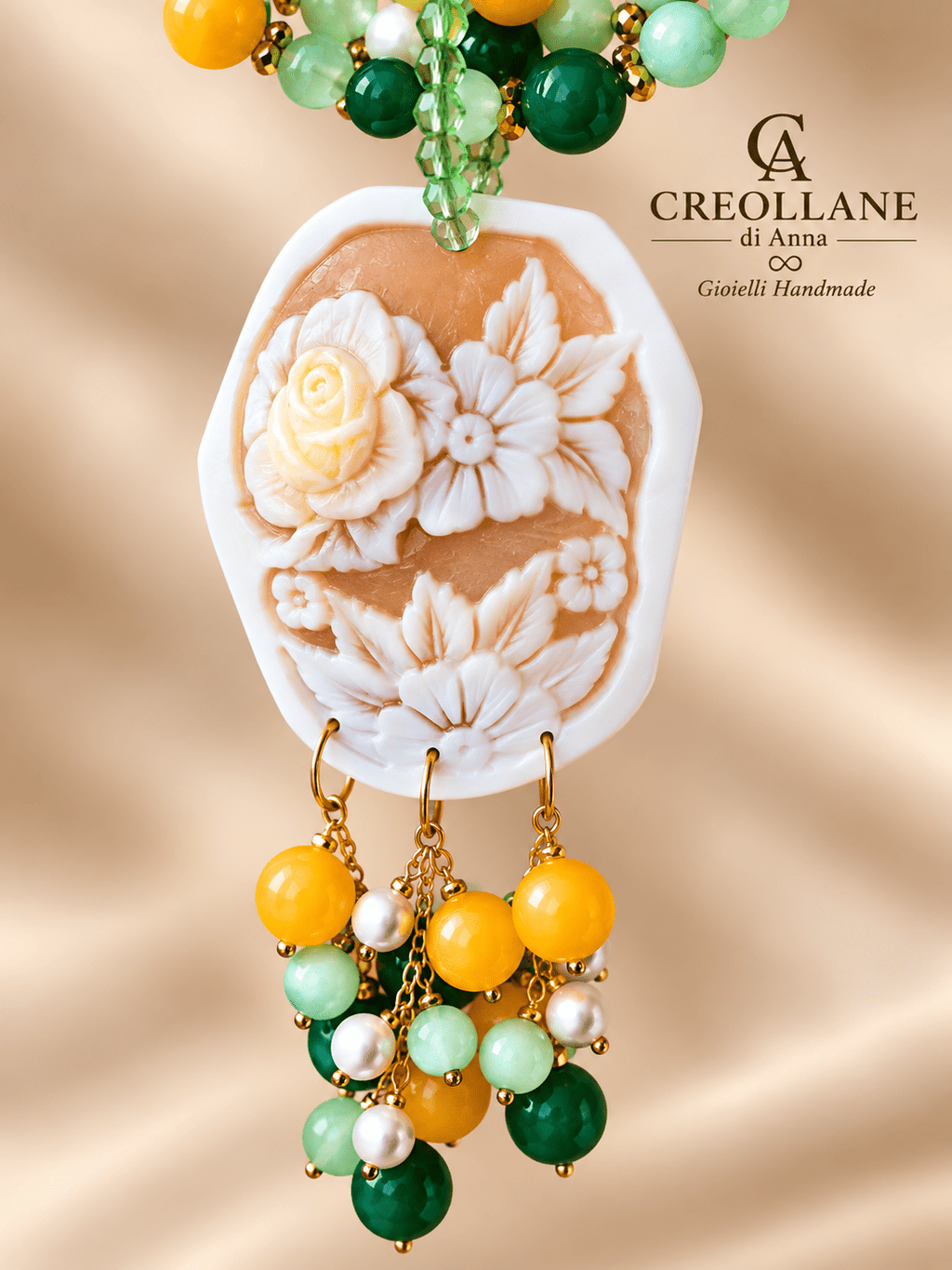 Collana Collana Multifilo Occhio di Gatto Verde, Agata e Cameo Floreale | Made in Italy - Handmade Made in Italy