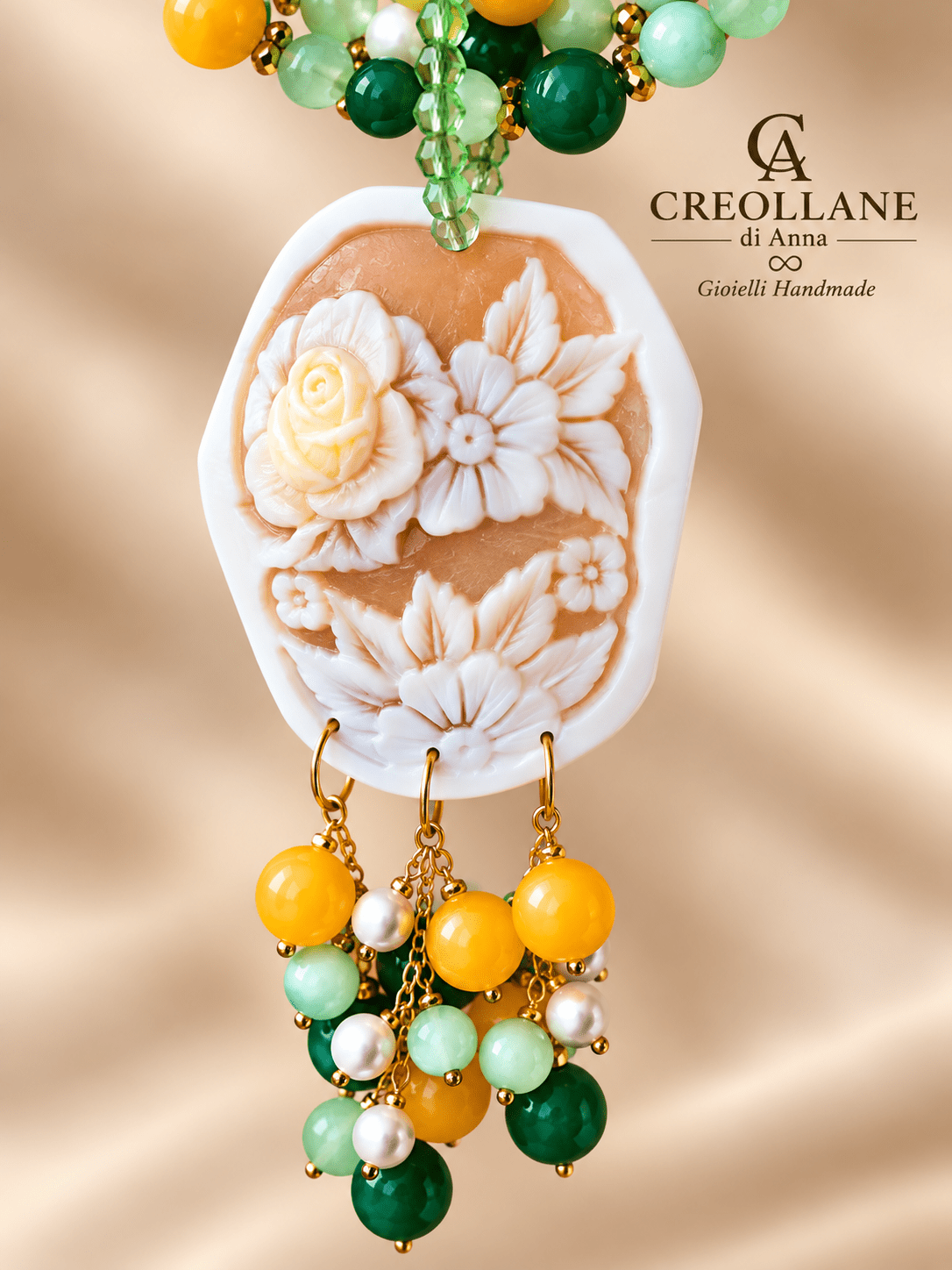 Collana Collana Multifilo Occhio di Gatto Verde, Agata e Cameo Floreale | Made in Italy - Handmade Made in Italy