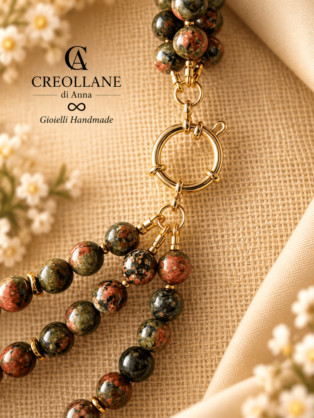 Collana Collana Multifilo Unakite, Perle di Fiume, Zebradorite e Lepidolite | Made in Italy - Handmade Made in Italy