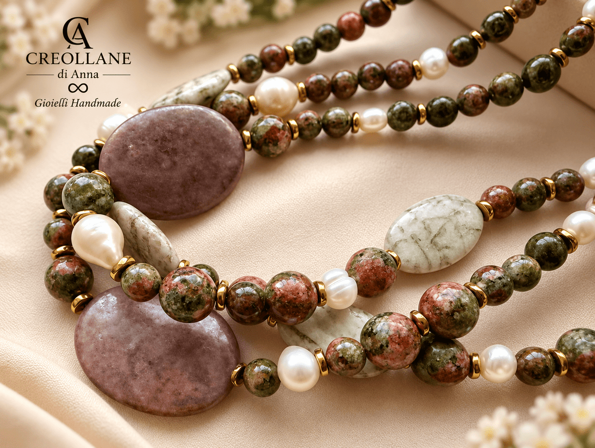 Collana Collana Multifilo Unakite, Perle di Fiume, Zebradorite e Lepidolite | Made in Italy - Handmade Made in Italy