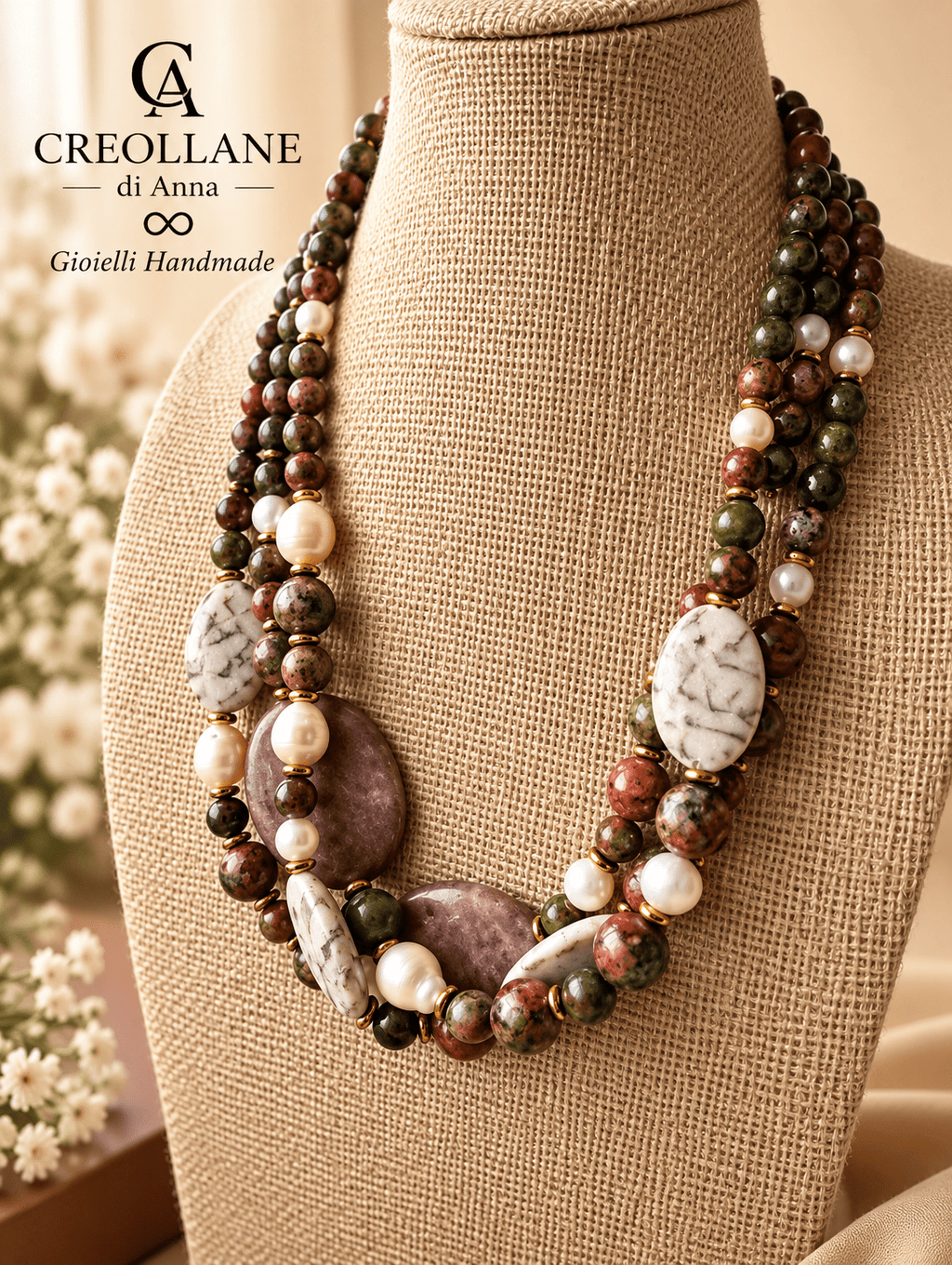 Collana Collana Multifilo Unakite, Perle di Fiume, Zebradorite e Lepidolite | Made in Italy - Handmade Made in Italy