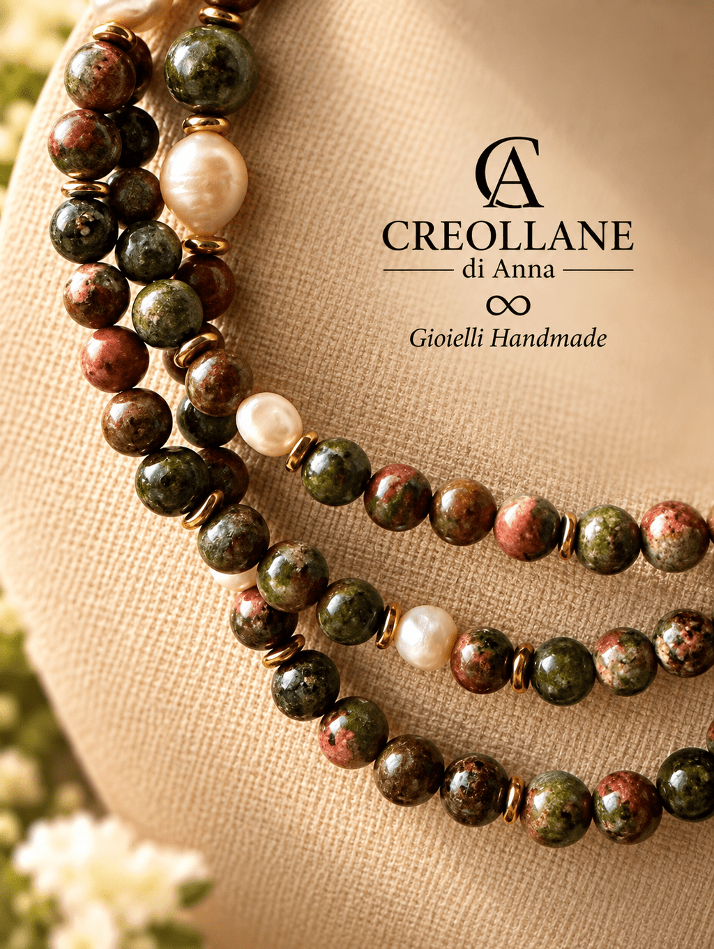 Collana Collana Multifilo Unakite, Perle di Fiume, Zebradorite e Lepidolite | Made in Italy - Handmade Made in Italy