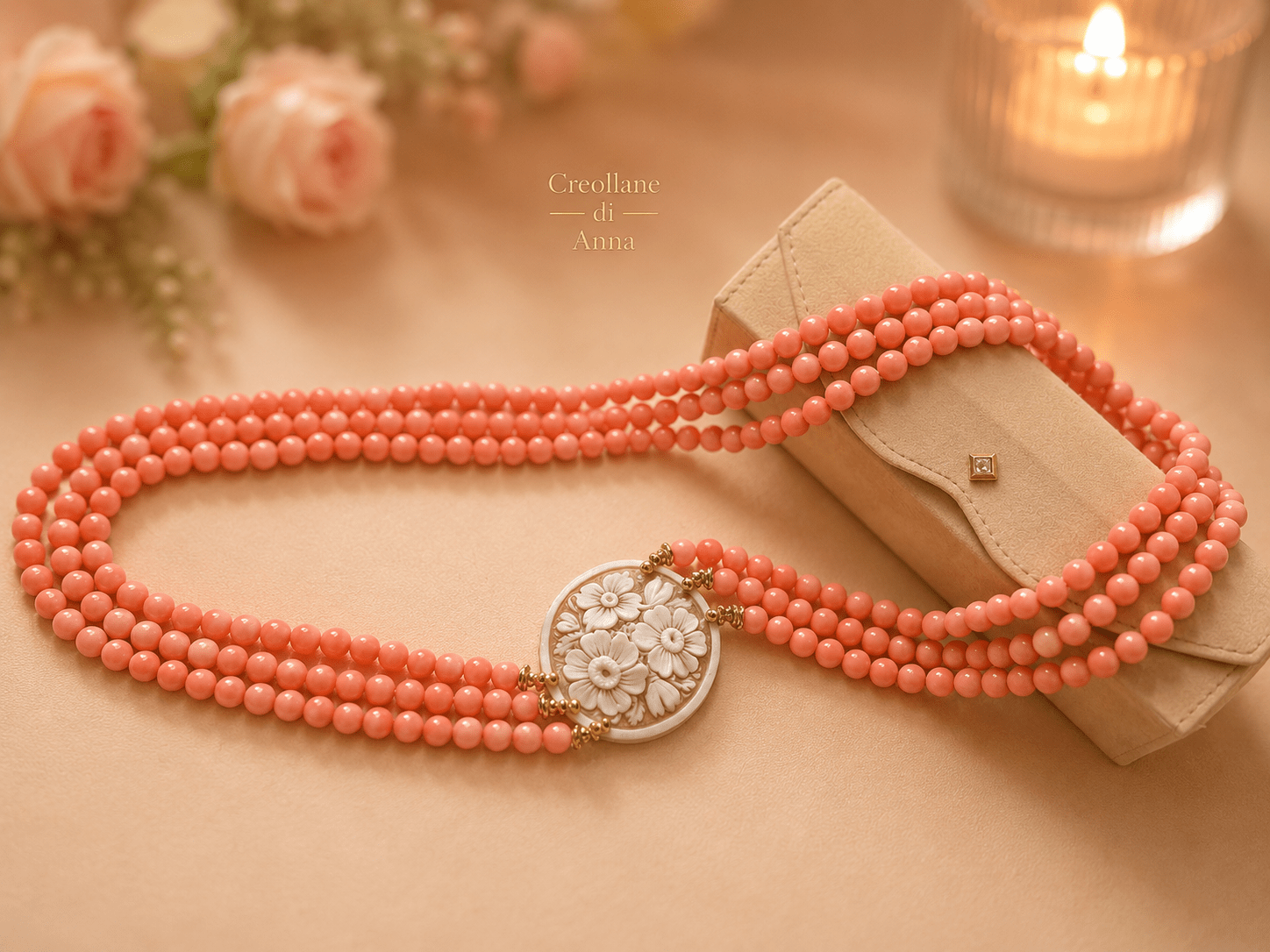 Collane Collana a 3 Fili in Corallo Rosa Naturale e Cameo in Conchiglia | Rosa, Bianco | Made in Italy - Handmade Made in Italy