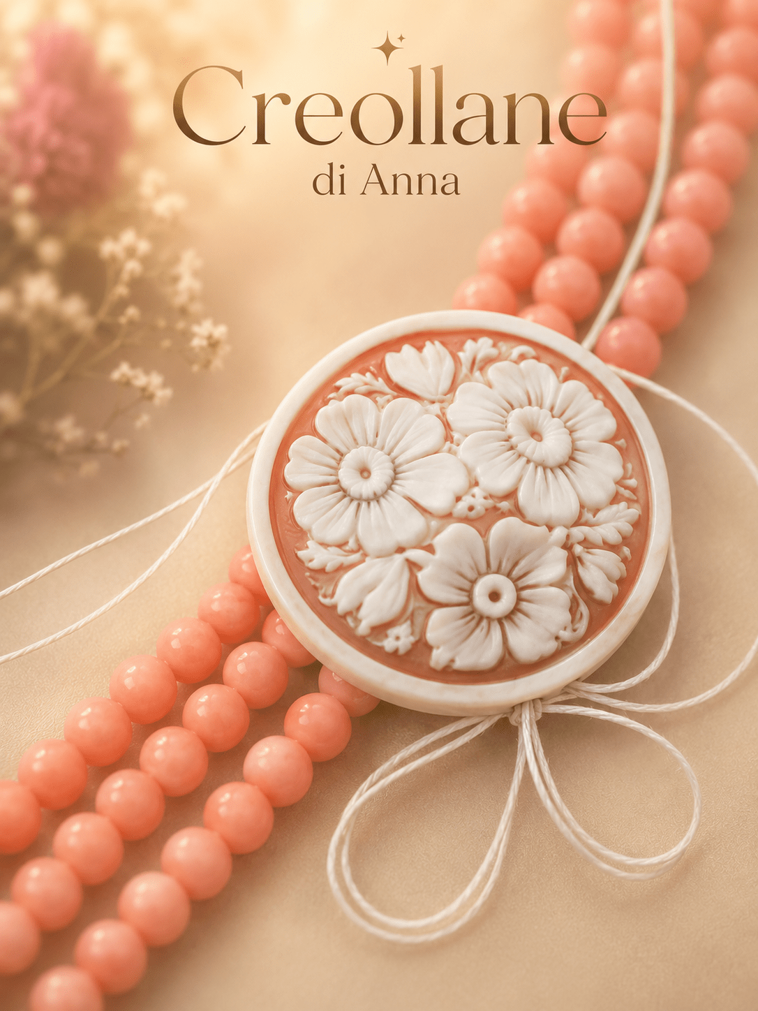 Collane Collana a 3 Fili in Corallo Rosa Naturale e Cameo in Conchiglia | Rosa, Bianco | Made in Italy - Handmade Made in Italy