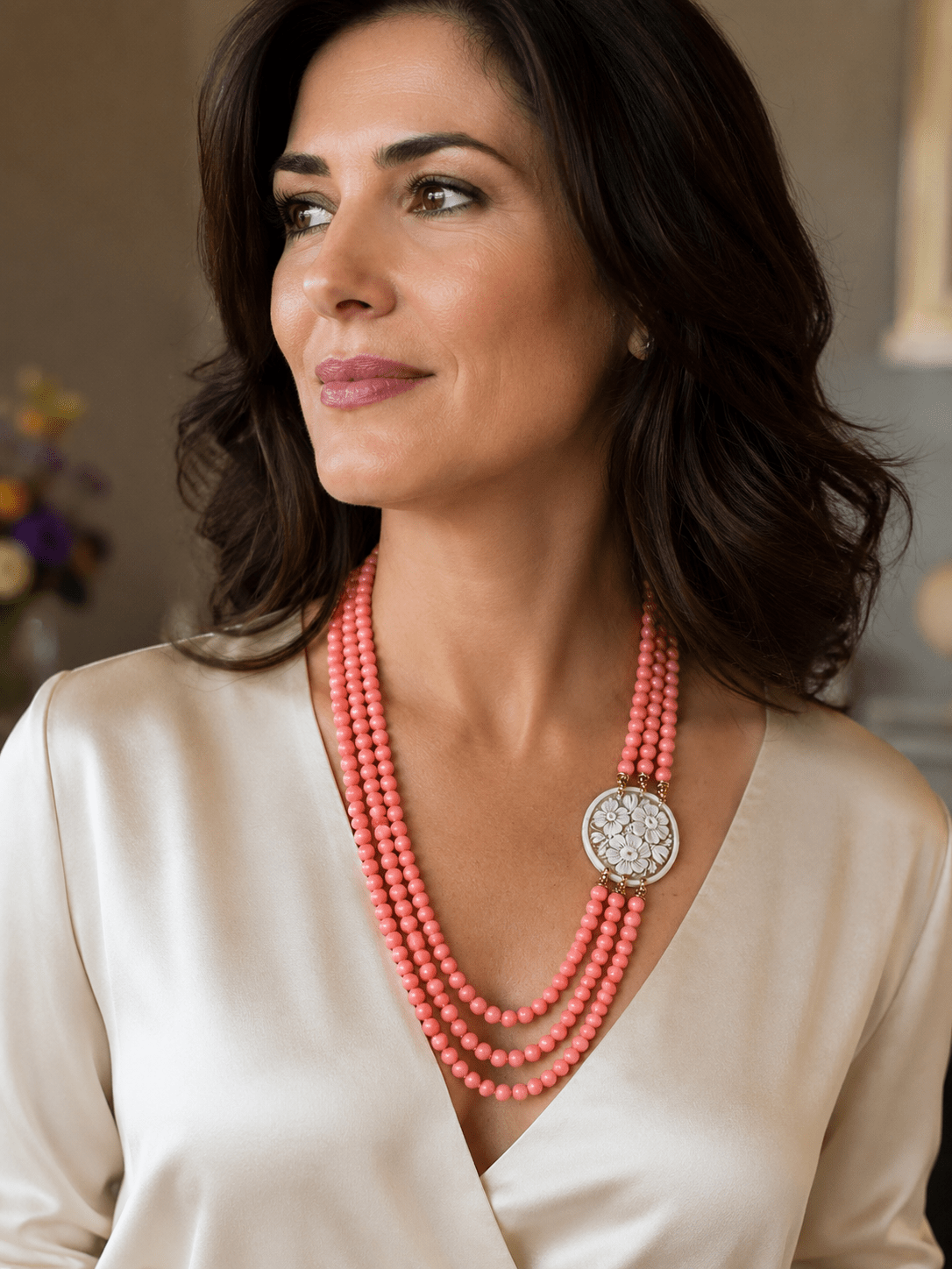 Collane Collana a 3 Fili in Corallo Rosa Naturale e Cameo in Conchiglia | Rosa, Bianco | Made in Italy - Handmade Made in Italy