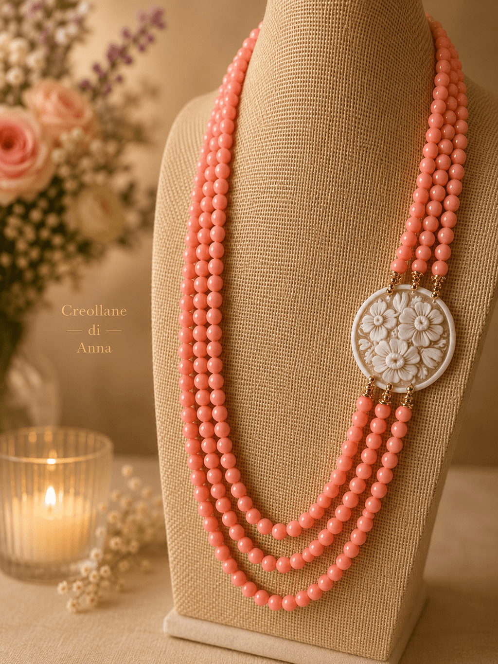 Collane Collana a 3 Fili in Corallo Rosa Naturale e Cameo in Conchiglia | Rosa, Bianco | Made in Italy - Handmade Made in Italy