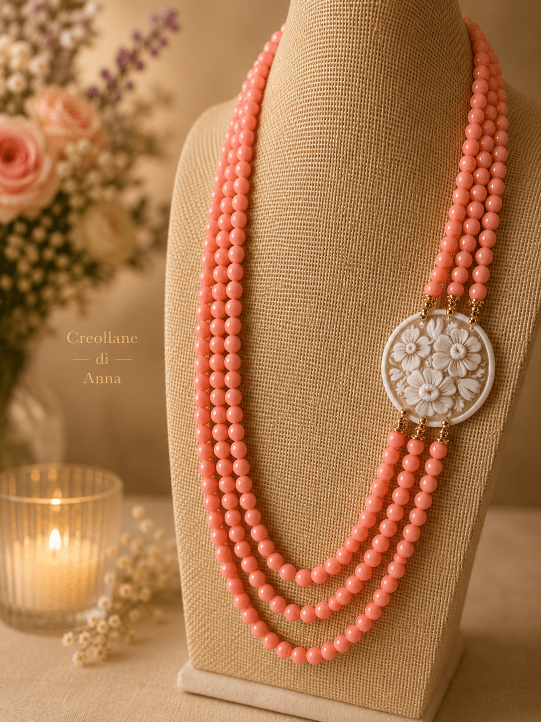 Collane Collana a 3 Fili in Corallo Rosa Naturale e Cameo in Conchiglia | Rosa, Bianco | Made in Italy - Handmade Made in Italy