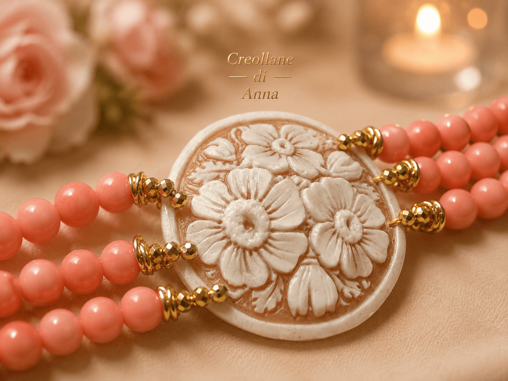 Collane Collana a 3 Fili in Corallo Rosa Naturale e Cameo in Conchiglia | Rosa, Bianco | Made in Italy - Handmade Made in Italy
