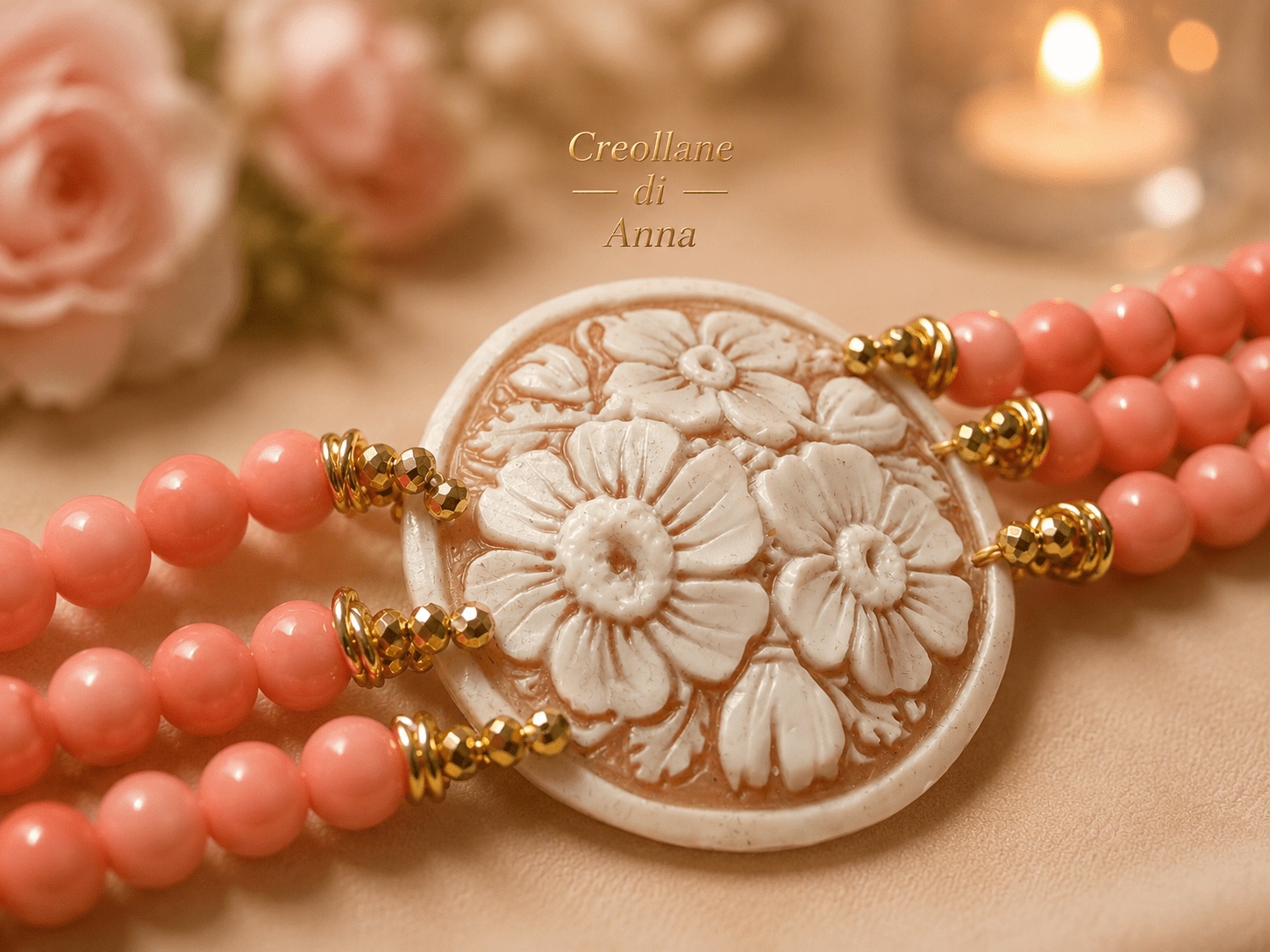 Collane Collana a 3 Fili in Corallo Rosa Naturale e Cameo in Conchiglia | Rosa, Bianco | Made in Italy - Handmade Made in Italy