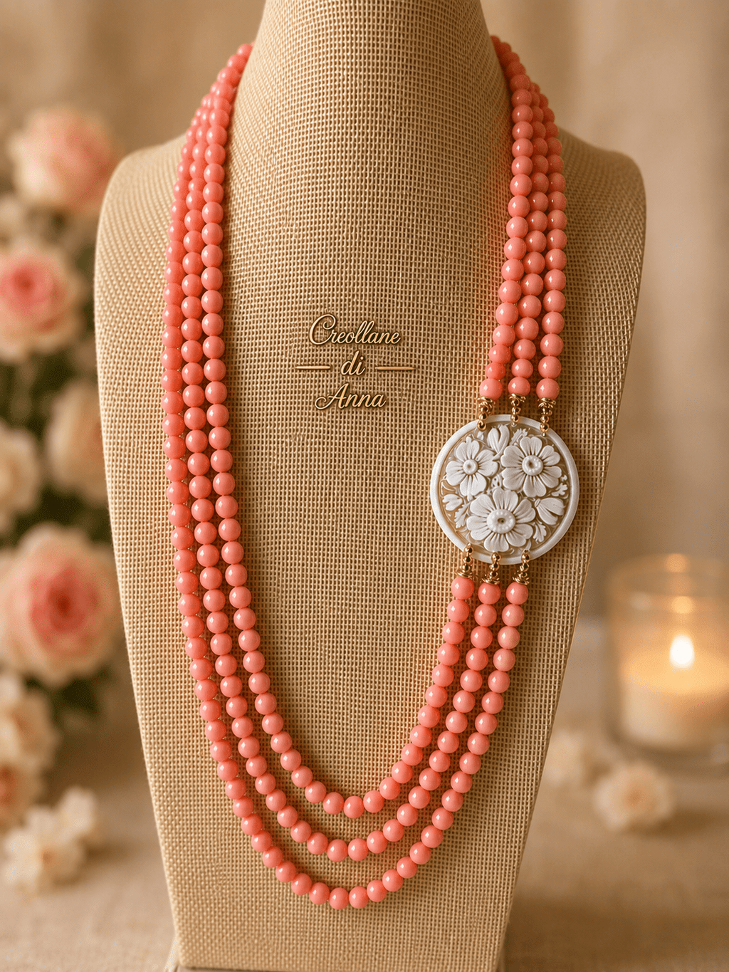 Collane Collana a 3 Fili in Corallo Rosa Naturale e Cameo in Conchiglia | Rosa, Bianco | Made in Italy - Handmade Made in Italy