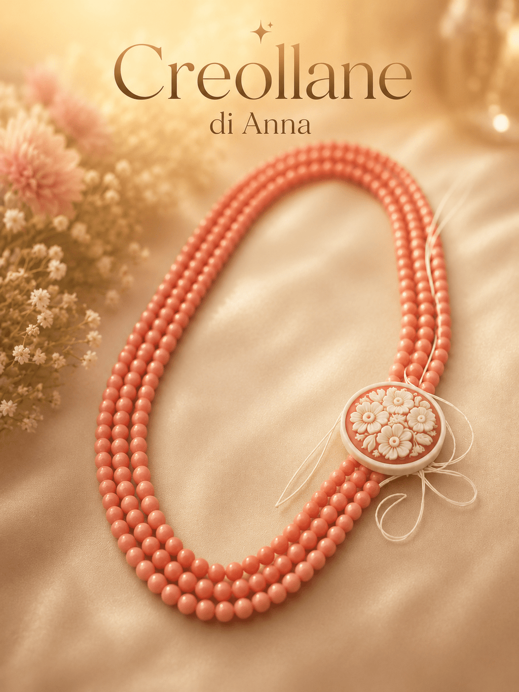 Collane Collana a 3 Fili in Corallo Rosa Naturale e Cameo in Conchiglia | Rosa, Bianco | Made in Italy - Handmade Made in Italy