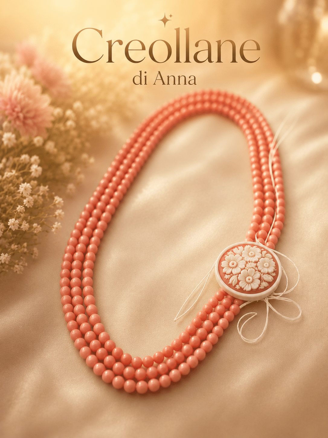 Collane Collana a 3 Fili in Corallo Rosa Naturale e Cameo in Conchiglia | Rosa, Bianco | Made in Italy - Handmade Made in Italy