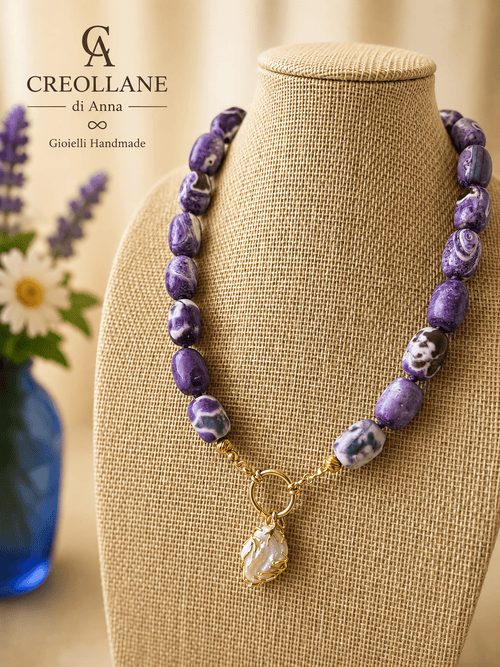 Collane Collana Agata Striata Viola e Perla Scaramazza Annodata | Made in Italy - Handmade Made in Italy