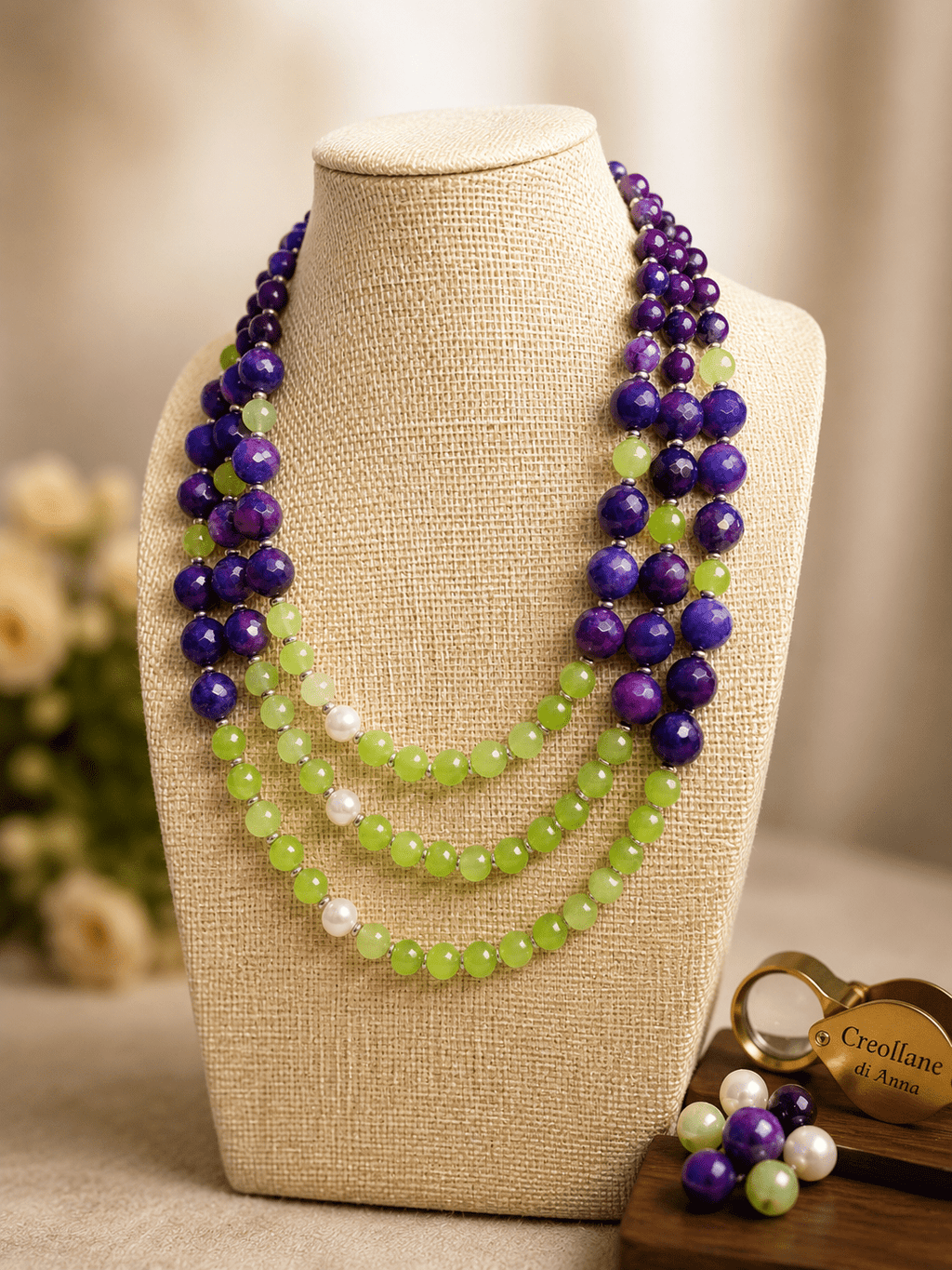 Collane Collana Artigianale Handmade | Agata Blu Viola, Crisoprasio, Perle di Maiorca ed Ematite | Made in Italy - Handmade Made in Italy