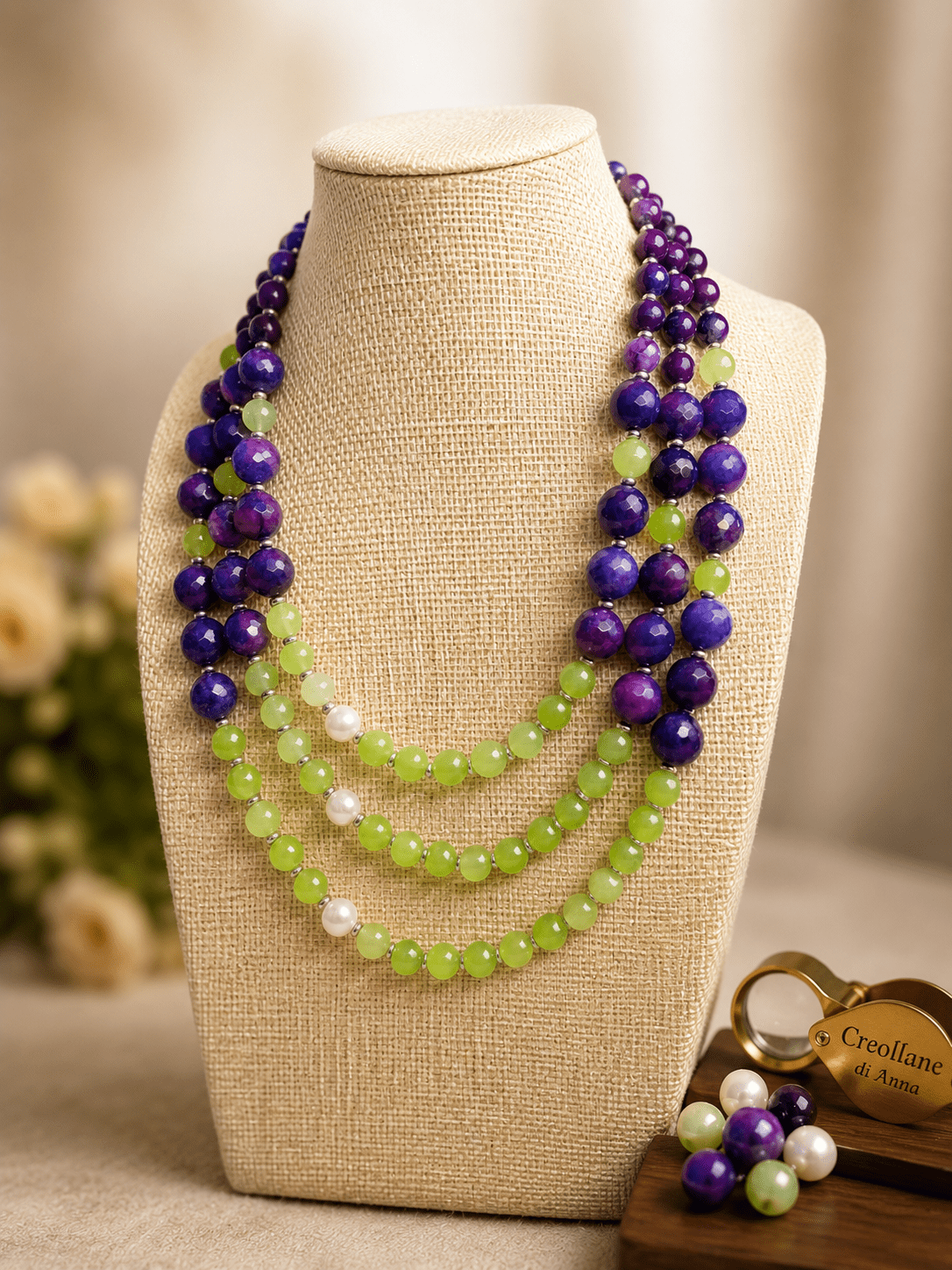 Collane Collana Artigianale Handmade | Agata Blu Viola, Crisoprasio, Perle di Maiorca ed Ematite | Made in Italy - Handmade Made in Italy