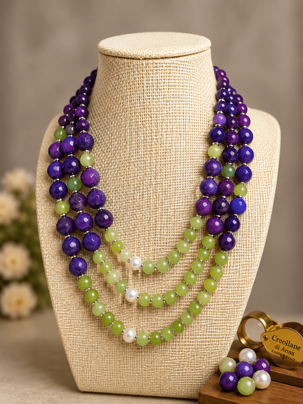 Collane Collana Artigianale Handmade | Agata Blu Viola, Crisoprasio, Perle di Maiorca ed Ematite | Made in Italy - Handmade Made in Italy