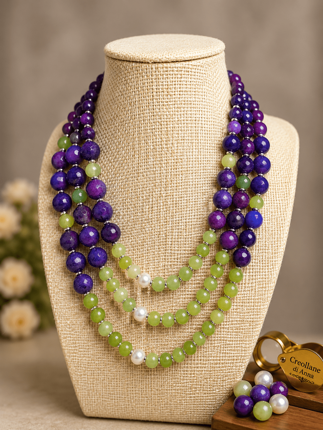 Collane Collana Artigianale Handmade | Agata Blu Viola, Crisoprasio, Perle di Maiorca ed Ematite | Made in Italy - Handmade Made in Italy