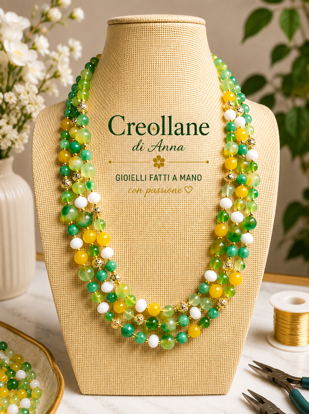 Collane Collana Artigianale Handmade | Agata Gialla, Crisoprasio Verde, Vetro e Inserti Swarovski | Made in Italy - Handmade Made in Italy