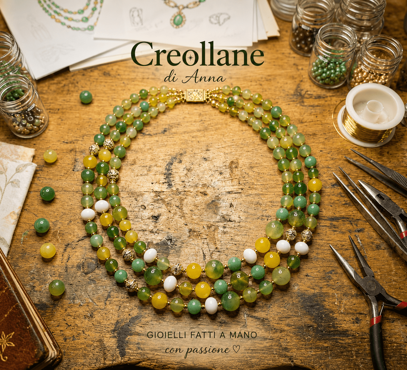 Collane Collana Artigianale Handmade | Agata Gialla, Crisoprasio Verde, Vetro e Inserti Swarovski | Made in Italy - Handmade Made in Italy