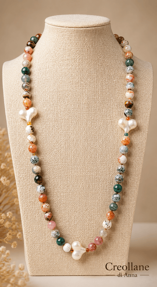 Collane Collana Artigianale Handmade | Agata Pelle di Serpente, Cuoricini Bianchi in Acrilico | Made in Italy - Handmade Made in Italy