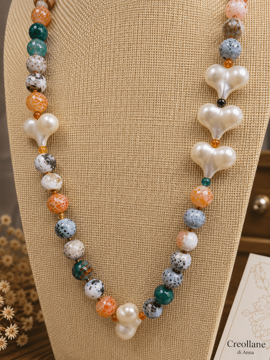 Collane Collana Artigianale Handmade | Agata Pelle di Serpente, Cuoricini Bianchi in Acrilico | Made in Italy - Handmade Made in Italy