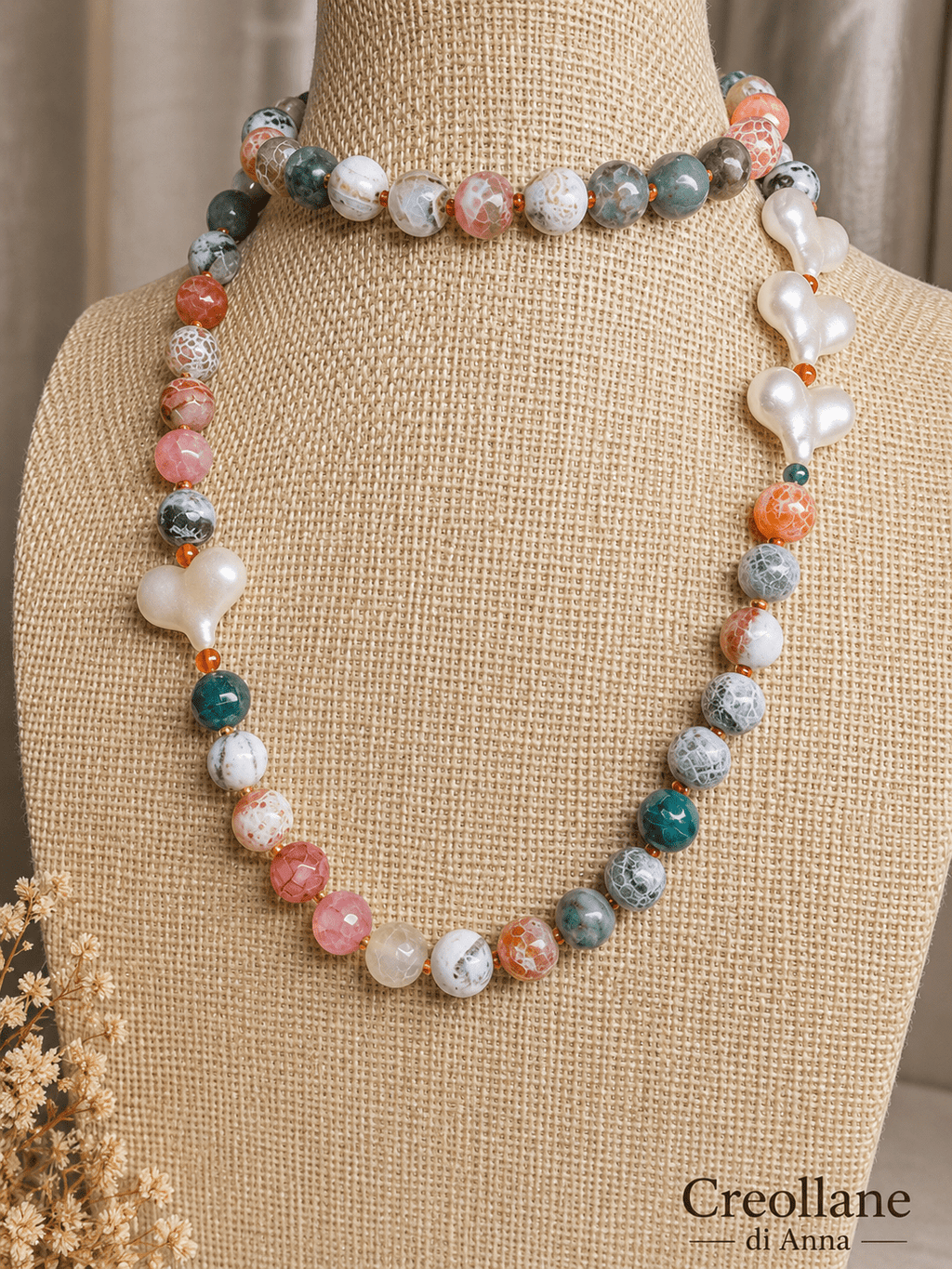 Collane Collana Artigianale Handmade | Agata Pelle di Serpente, Cuoricini Bianchi in Acrilico | Made in Italy - Handmade Made in Italy
