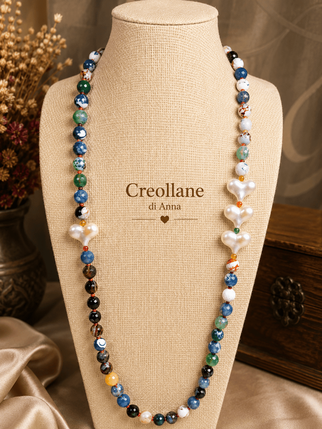 Collane Collana Artigianale Handmade | Agata Tinta Blu e Cuori Bianchi | Made in Italy - Handmade Made in Italy