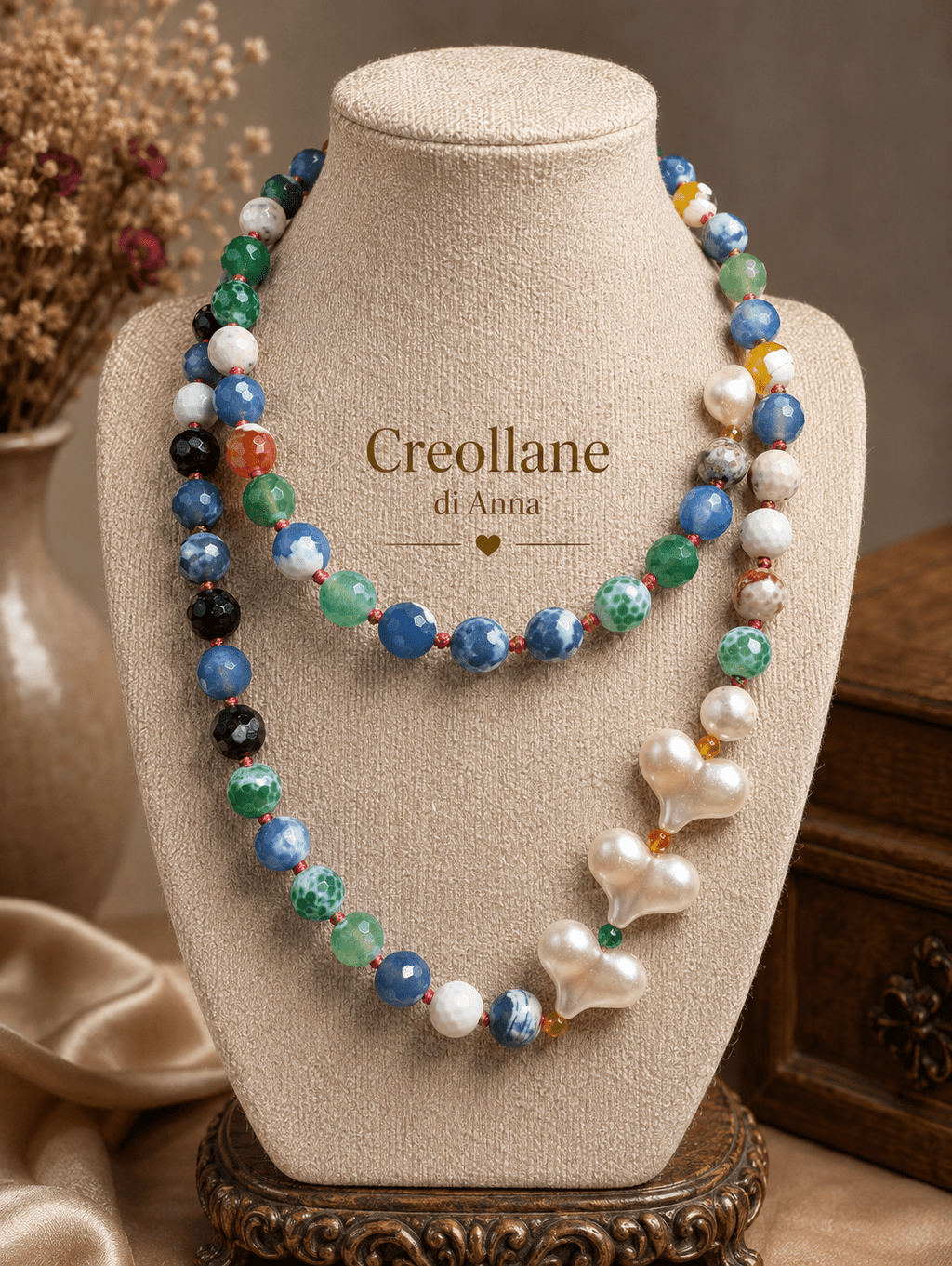 Collane Collana Artigianale Handmade | Agata Tinta Blu e Cuori Bianchi | Made in Italy - Handmade Made in Italy