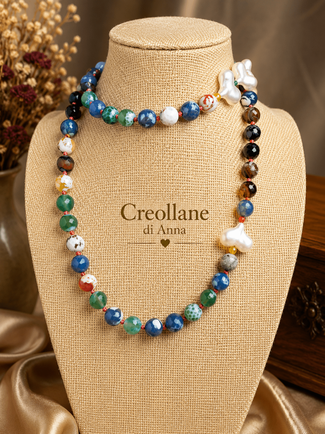 Collane Collana Artigianale Handmade | Agata Tinta Blu e Cuori Bianchi | Made in Italy - Handmade Made in Italy