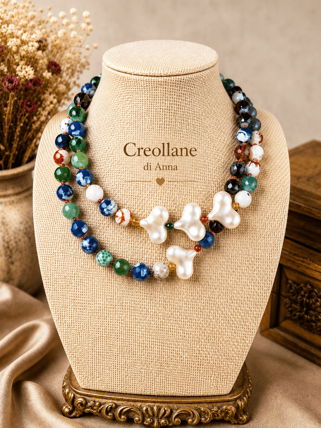 Collane Collana Artigianale Handmade | Agata Tinta Blu e Cuori Bianchi | Made in Italy - Handmade Made in Italy