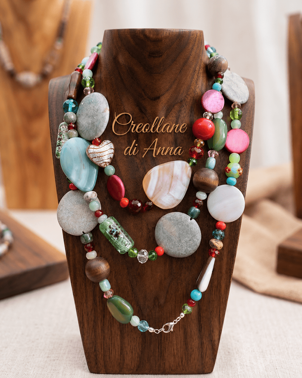 Collane Collana Artigianale Handmade | Agata Tinta, Vetro di Murano e Inserti in Legno | Made in Italy - Handmade Made in Italy