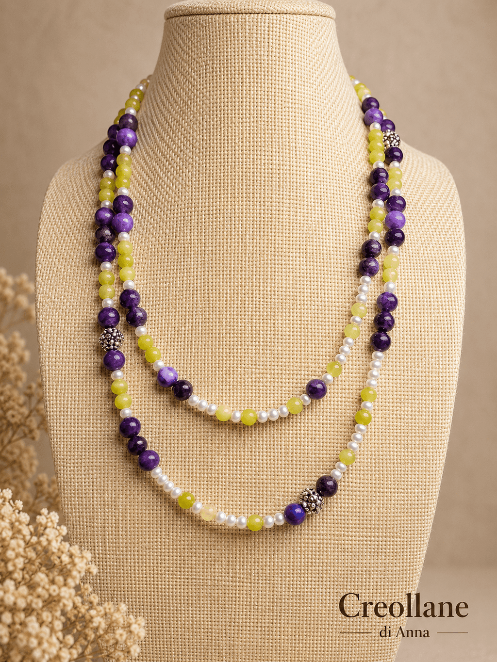 Collane Collana Artigianale Handmade | Agata Viola, Serpentino Verde e Perle con Charm | Made in Italy - Handmade Made in Italy