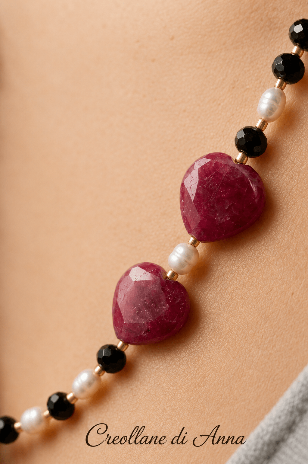 Collane Collana Artigianale Handmade | Calcedonio Nero, Giada Fucsia a Cuore e Perle di Fiume | Made in Italy - Handmade Made in Italy