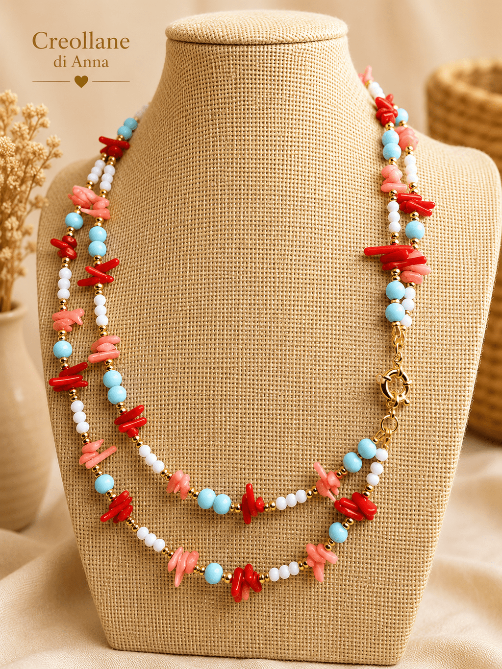 Collane Collana Artigianale Handmade | Corallo Bambù Rosso e Rosa, Turchenite, Agata Bianca ed Ematite | Made in Italy - Handmade Made in Italy