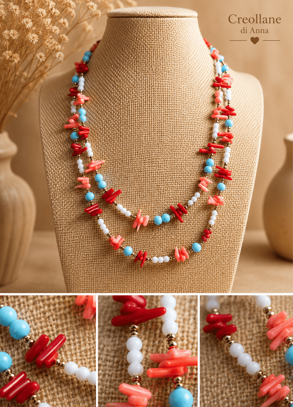 Collane Collana Artigianale Handmade | Corallo Bambù Rosso e Rosa, Turchenite, Agata Bianca ed Ematite | Made in Italy - Handmade Made in Italy
