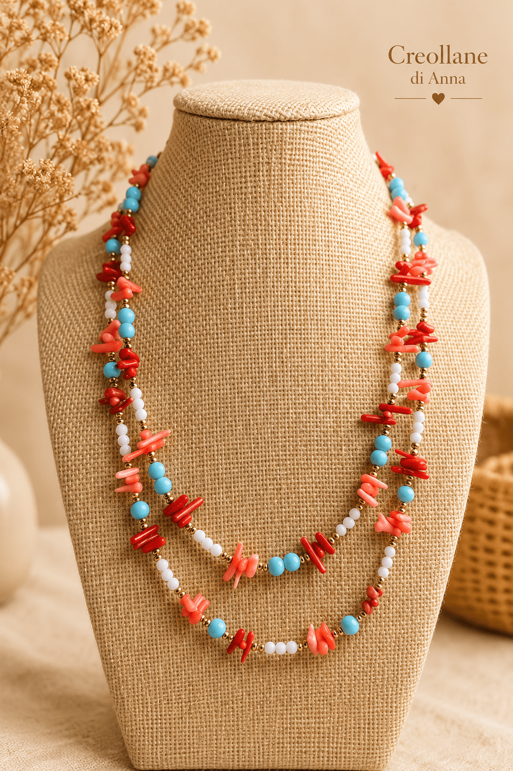 Collane Collana Artigianale Handmade | Corallo Bambù Rosso e Rosa, Turchenite, Agata Bianca ed Ematite | Made in Italy - Handmade Made in Italy