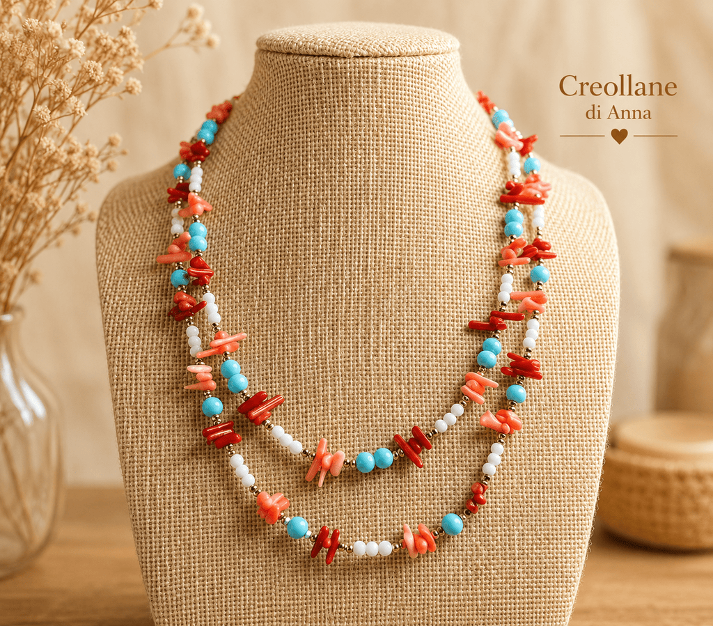 Collane Collana Artigianale Handmade | Corallo Bambù Rosso e Rosa, Turchenite, Agata Bianca ed Ematite | Made in Italy - Handmade Made in Italy