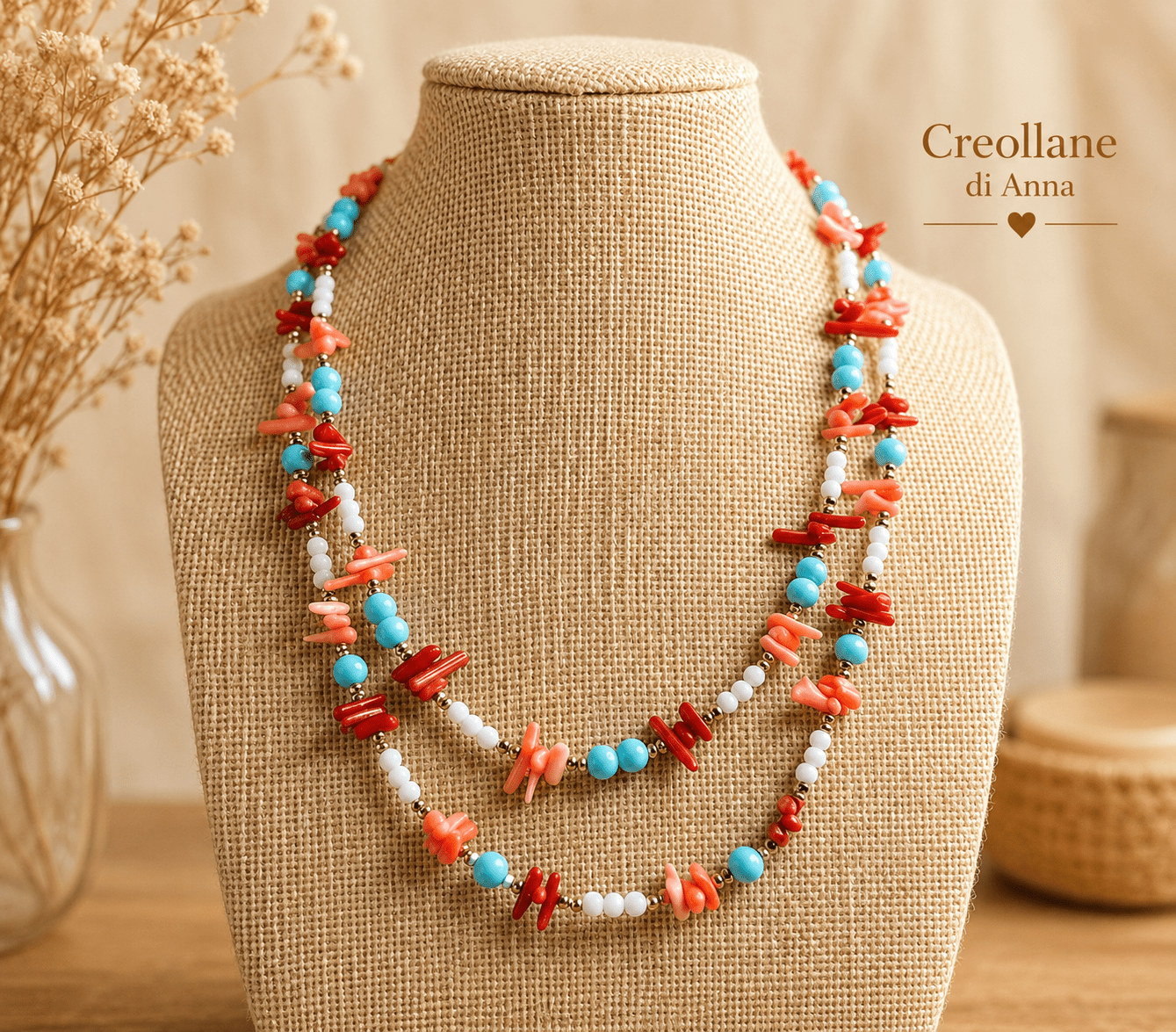 Collane Collana Artigianale Handmade | Corallo Bambù Rosso e Rosa, Turchenite, Agata Bianca ed Ematite | Made in Italy - Handmade Made in Italy