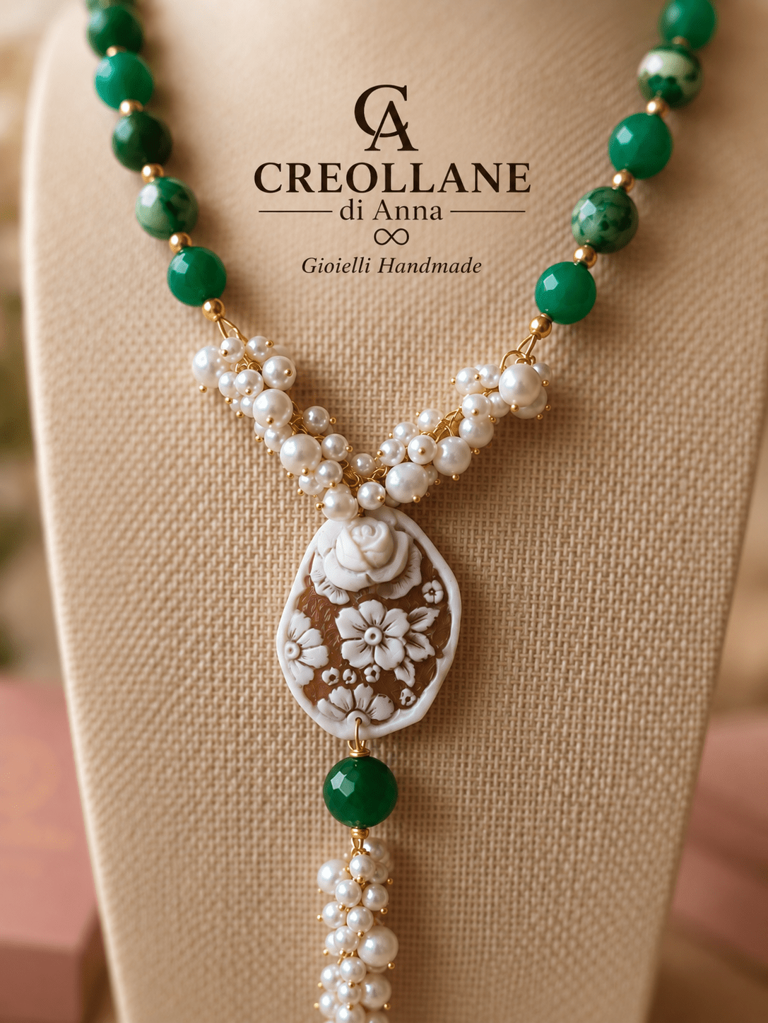 Collane Collana Artigianale Handmade | Crisoprasio, Perle Naturali e Cameo in Conchiglia | Made in Italy - Handmade Made in Italy