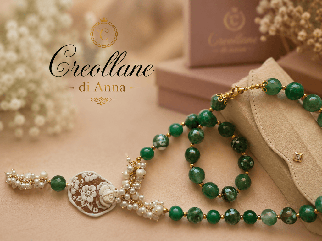 Collane Collana Artigianale Handmade | Crisoprasio, Perle Naturali e Cameo in Conchiglia | Made in Italy - Handmade Made in Italy