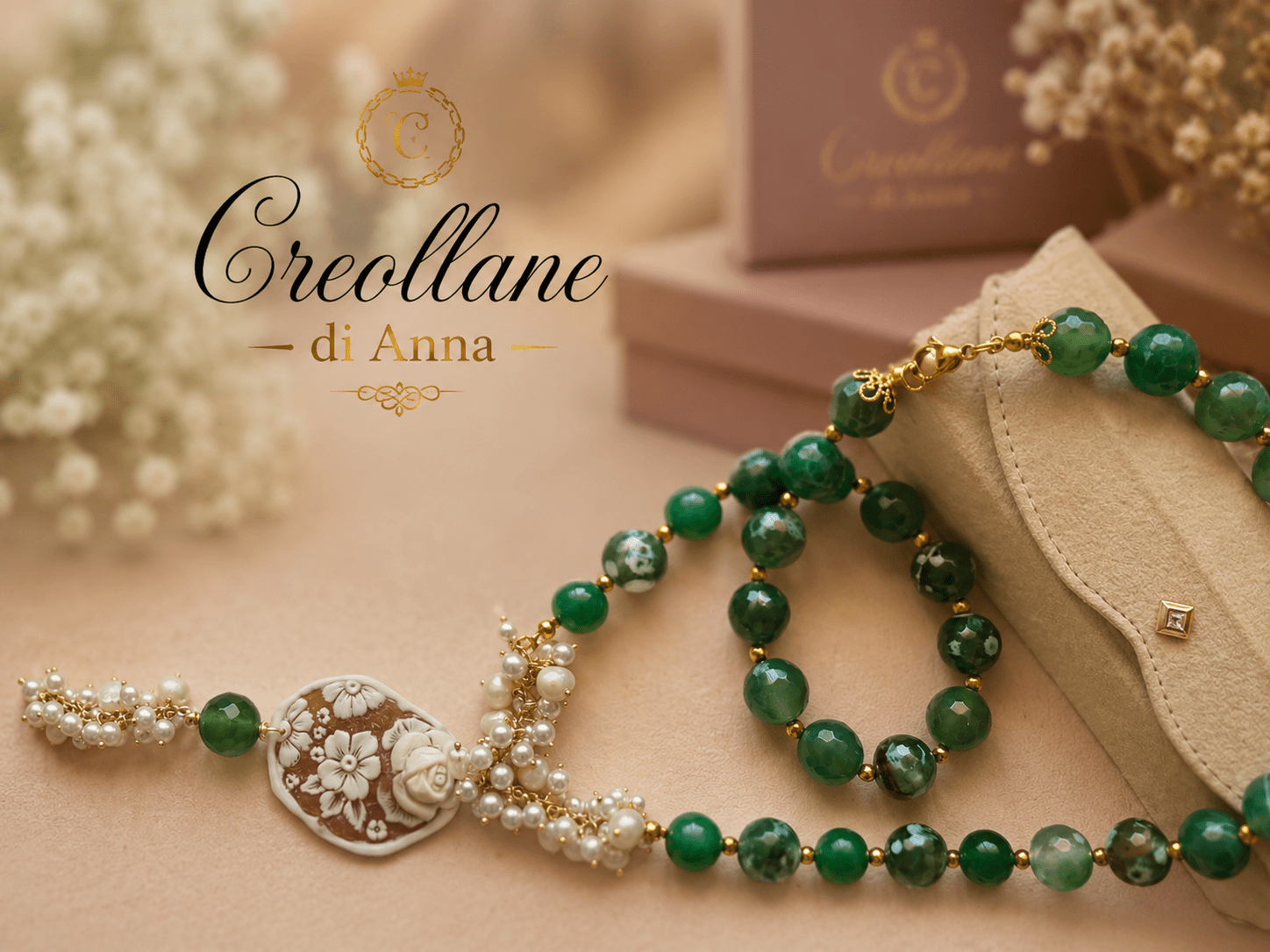 Collane Collana Artigianale Handmade | Crisoprasio, Perle Naturali e Cameo in Conchiglia | Made in Italy - Handmade Made in Italy