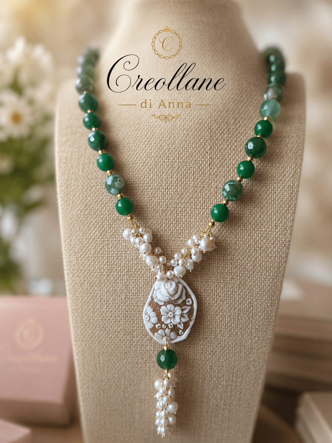 Collane Collana Artigianale Handmade | Crisoprasio, Perle Naturali e Cameo in Conchiglia | Made in Italy - Handmade Made in Italy