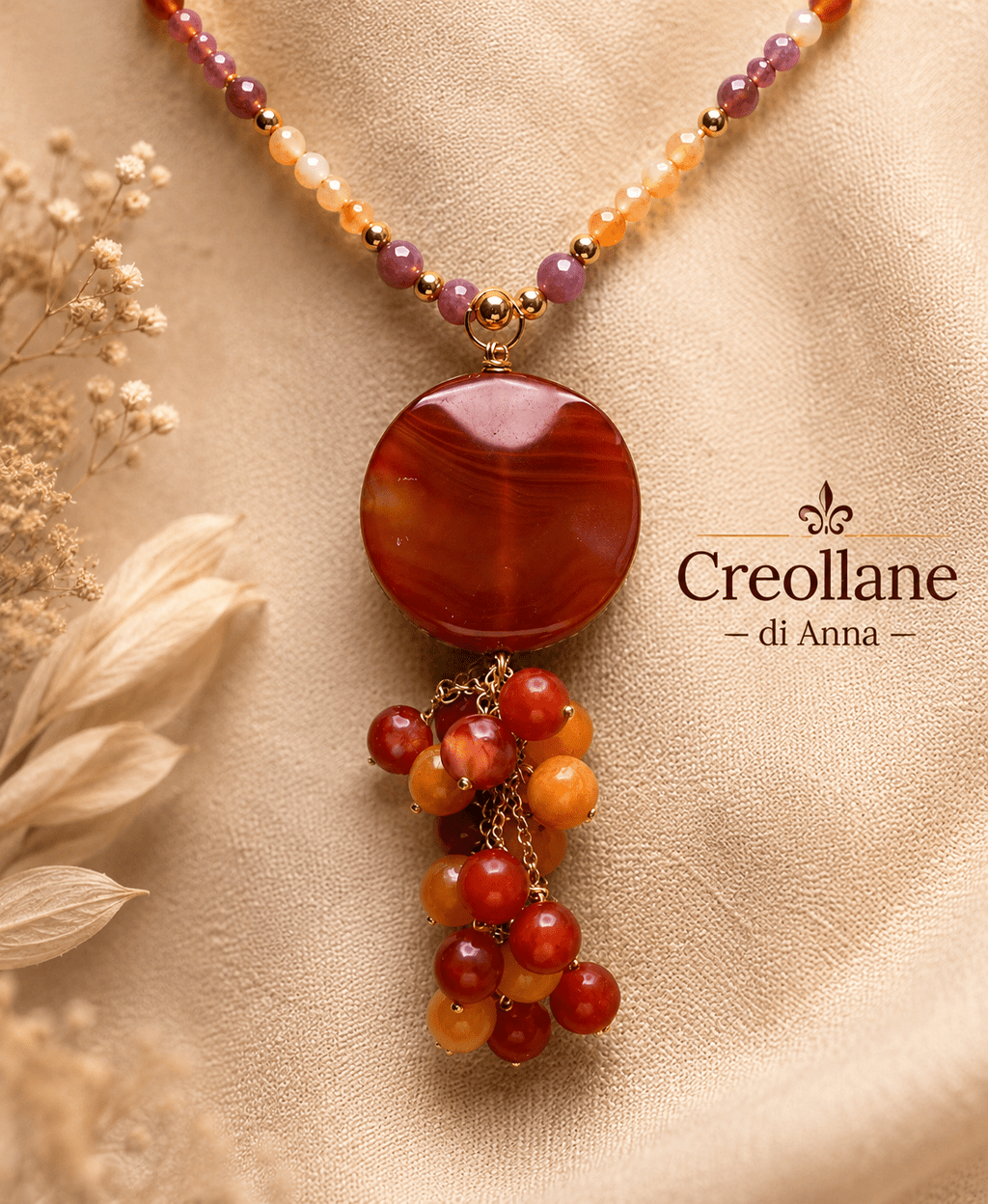 Collane Collana Artigianale Handmade | Cristalli e Ciondolo Corniola | Made in Italy - Handmade Made in Italy
