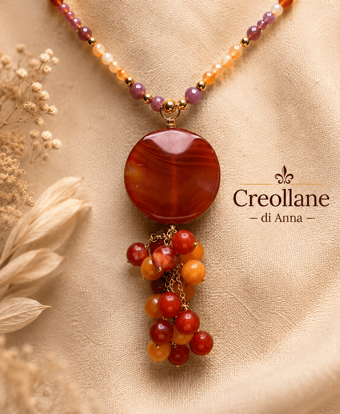 Collane Collana Artigianale Handmade | Cristalli e Ciondolo Corniola | Made in Italy - Handmade Made in Italy