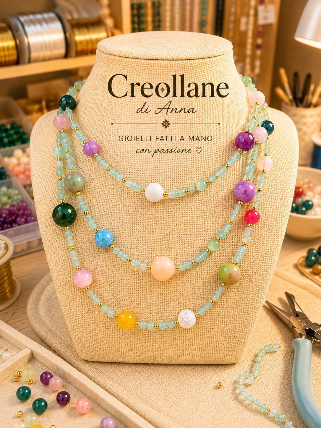 Collane Collana Artigianale Handmade | Cristalli Verde Acqua, Agate, Quarzi, Corniola e Occhi di Gatto | Made in Italy - Handmade Made in Italy